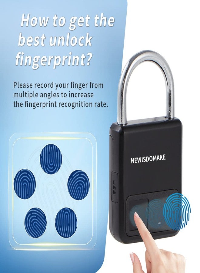 Newisdomake Fingerprint Padlock, Smart Padlock with USB Charging Support, Fingerprint Lock, Biometric Lock Suitable for Luggage, Bookcase, Suitcase, Backpack, Bike, School Locker, Gym Locker Lock(Black) - Image 5